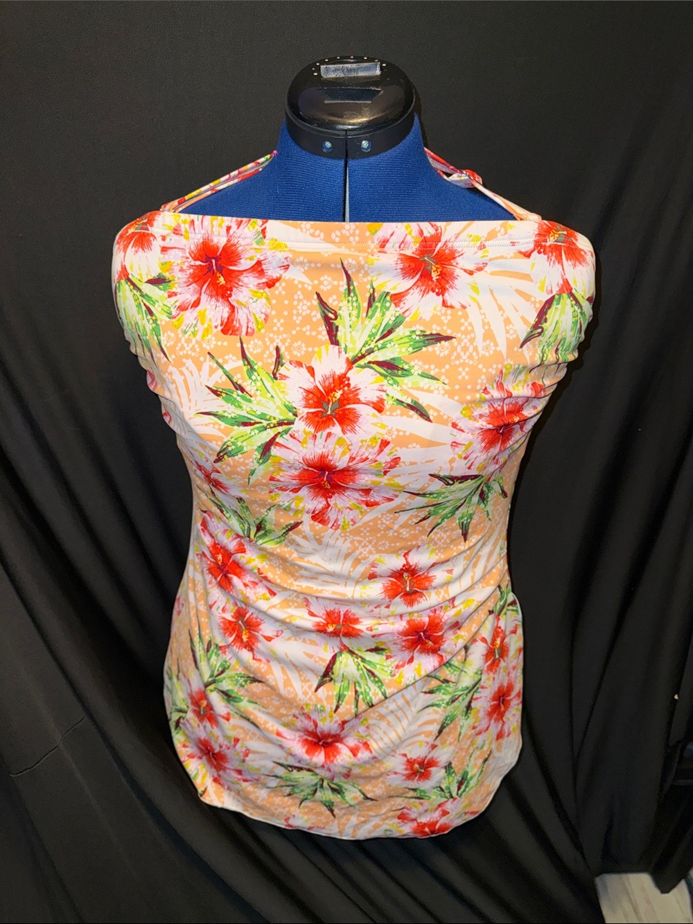 Floral Halter One-Piece Swimsuit in Peach and Red removable straps